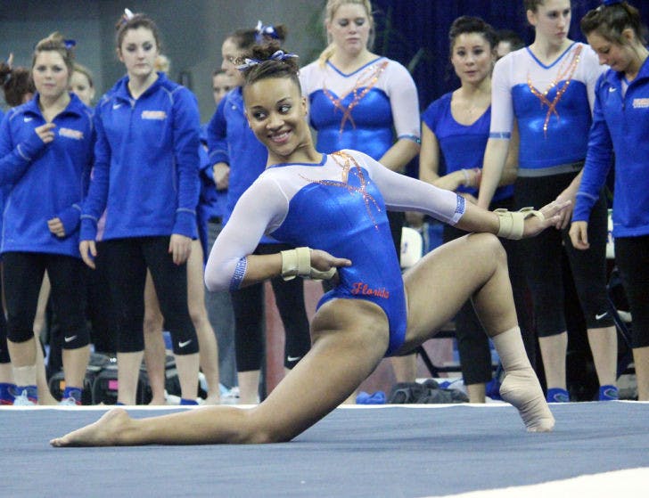 Kytra Hunter performs a floor routine during Florida’s 197.875-197.225 win against Oklahoma on Jan. 31 in the O’Connell Center. She may not compete on floor against Arkansas on Friday.