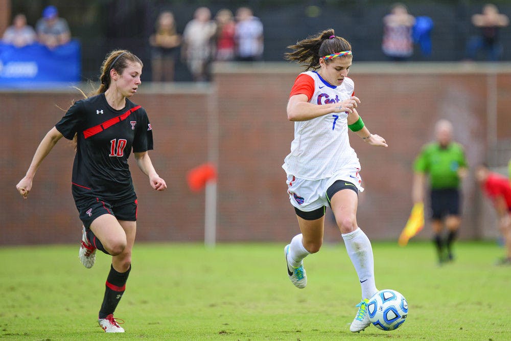Savannah Jordan dribbles the ball during Florida's 3-2 win against Texas Tech.