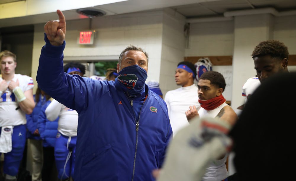 Gators coach Dan Mullen in the visiting locker room after Florida's game against the Tennessee Volunteers on Saturday, Dec. 5, 2020 at Neyland Stadium in Knoxville, Tennessee.