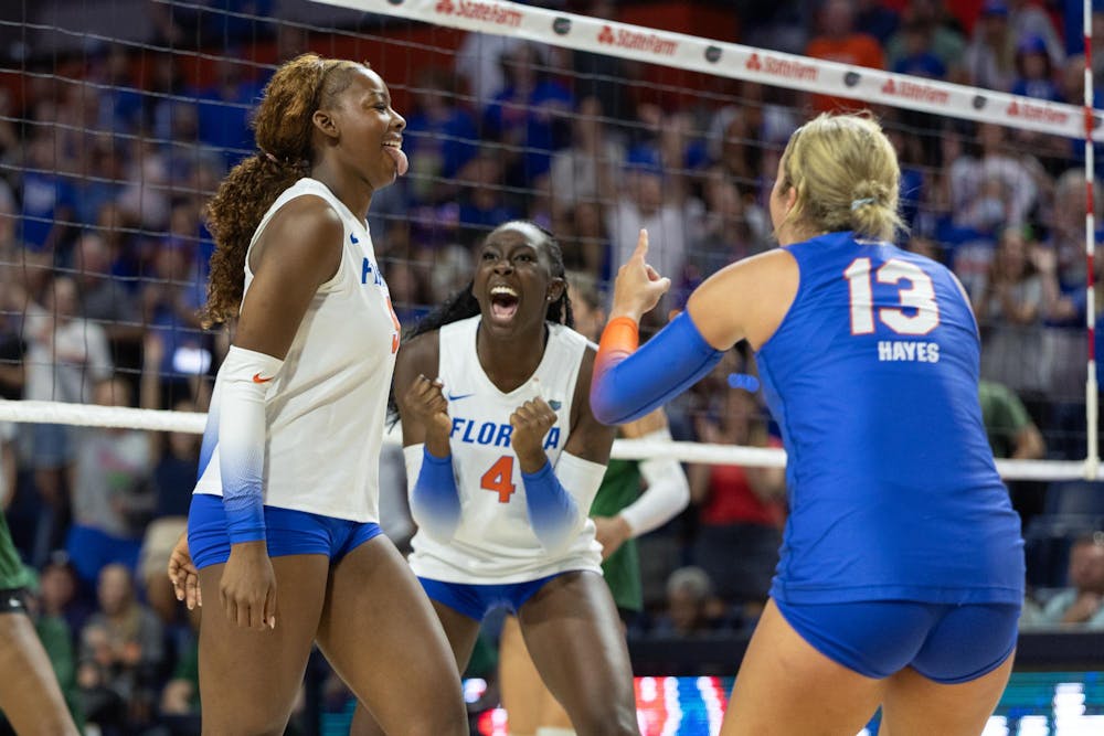 Florida Gators outside hitter Aniya Madkin (9) celebrates a point during a volleyball match against the Baylor Bears at Exactech Arena at the Stephen C. O'Connell Center on Sunday, September 14, 2024.