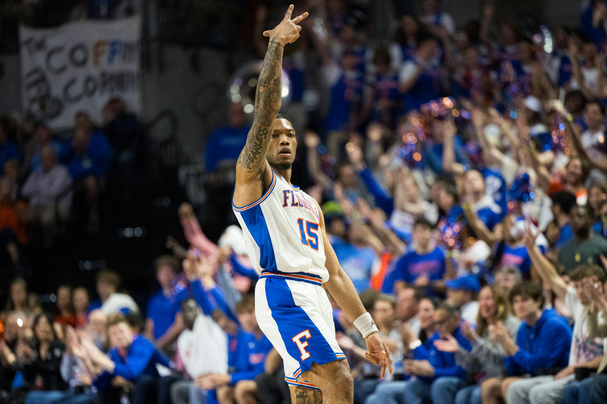 Florida Gators guard Alijah Martin (15) celebrates after hitting a shot in a basketball game against Ole Miss on Saturday, March 8, 2025, in Gainesville, Fla.