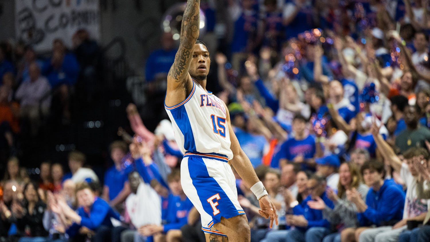 Florida Gators guard Alijah Martin (15) celebrates after hitting a shot in a basketball game against Ole Miss on Saturday, March 8, 2025, in Gainesville, Fla.