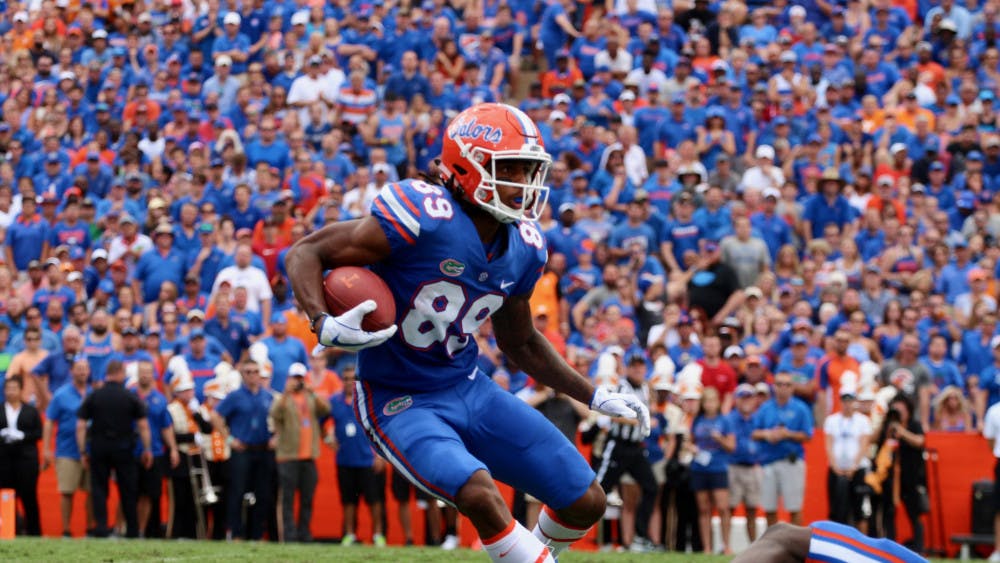<p>UF wide receiver Tyrie Cleveland runs with the ball after a catch during Florida's 26-10 win against Tennessee on Saturday at Ben Hill Griffin Stadium.</p>