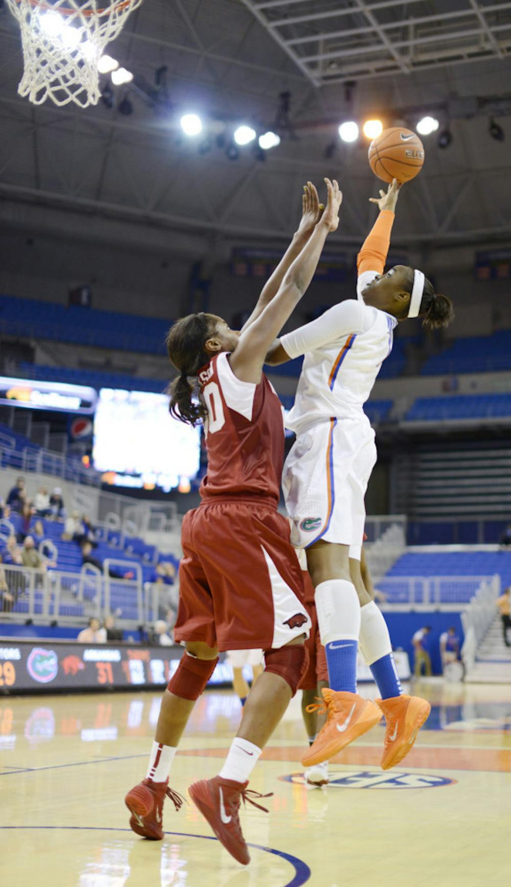 <p>Ronni Williams attempts a layup in Florida’s 59-52 win against Arkansas on Jan. 9 in the O’Connell Center. Williams fouled out for the 11th time this season on Sunday.</p>