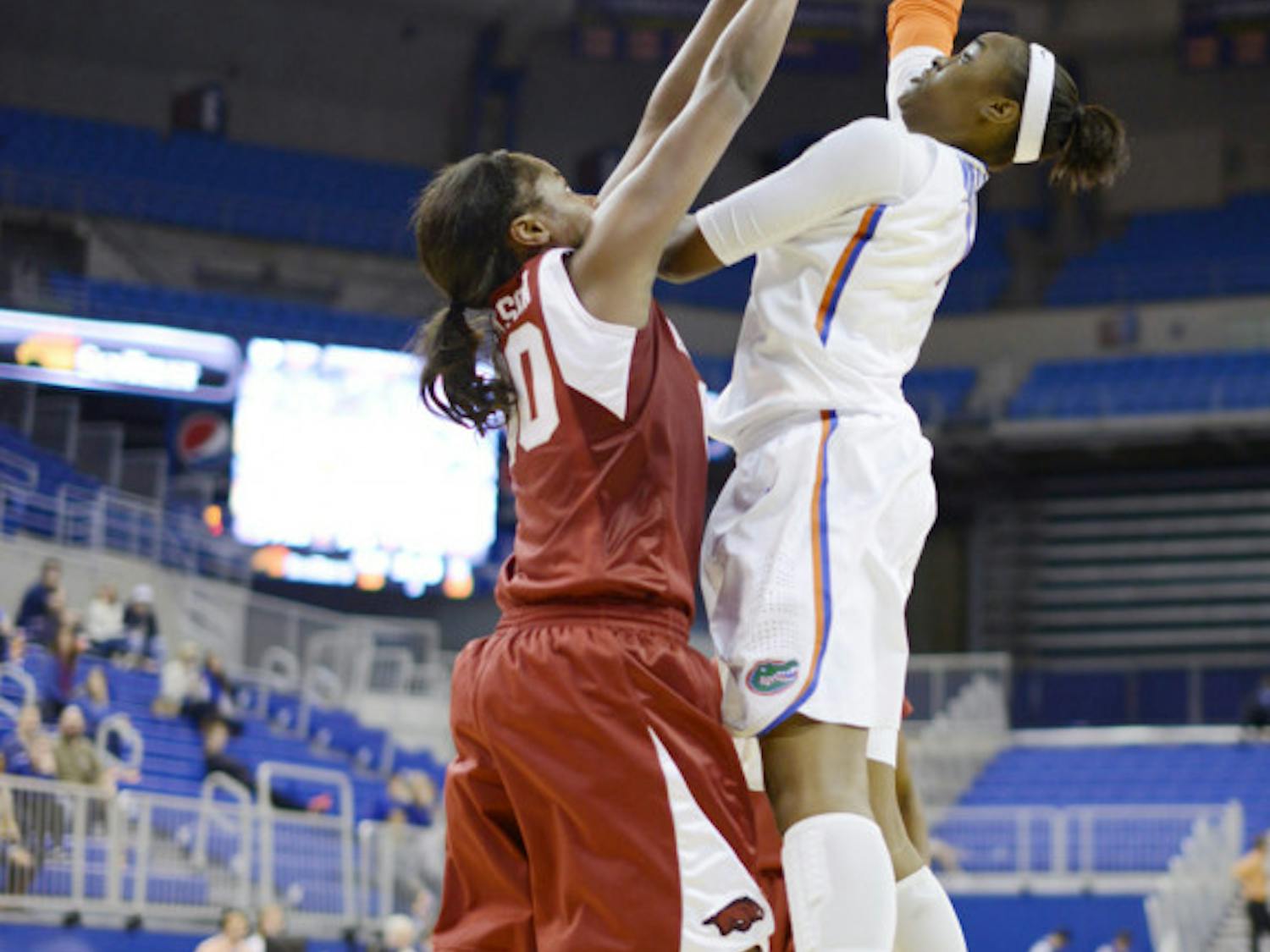 Ronni Williams attempts a layup in Florida’s 59-52 win against Arkansas on Jan. 9 in the O’Connell Center. Williams fouled out for the 11th time this season on Sunday.
