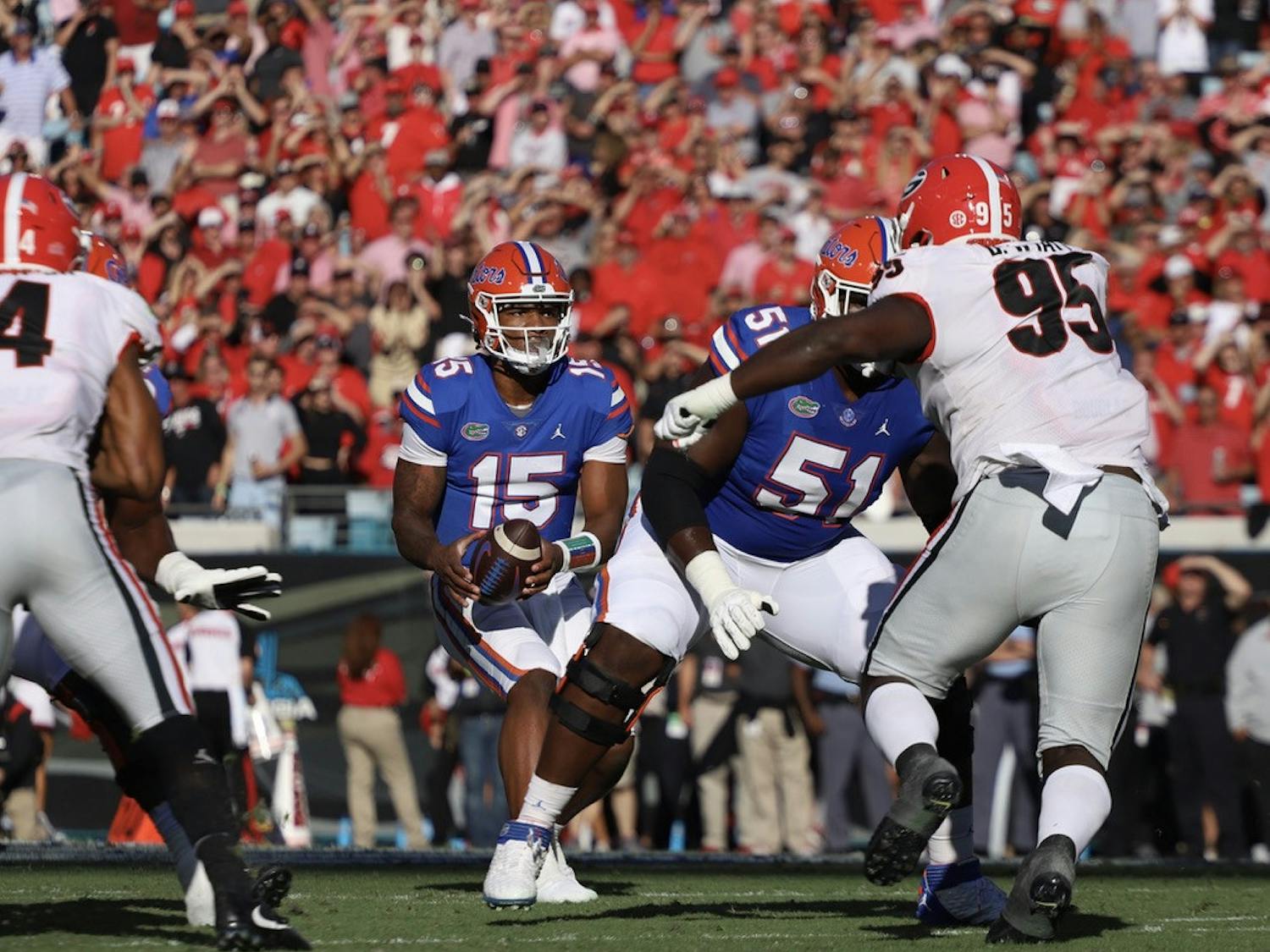 Florida quarterback Anthony Richardson drops back during Florida&#x27;s game against Georgia Oct. 30, 2021. All eyes will be on the Gators signal caller Saturday night when UF opens its season by hosting the Utah Utes. 