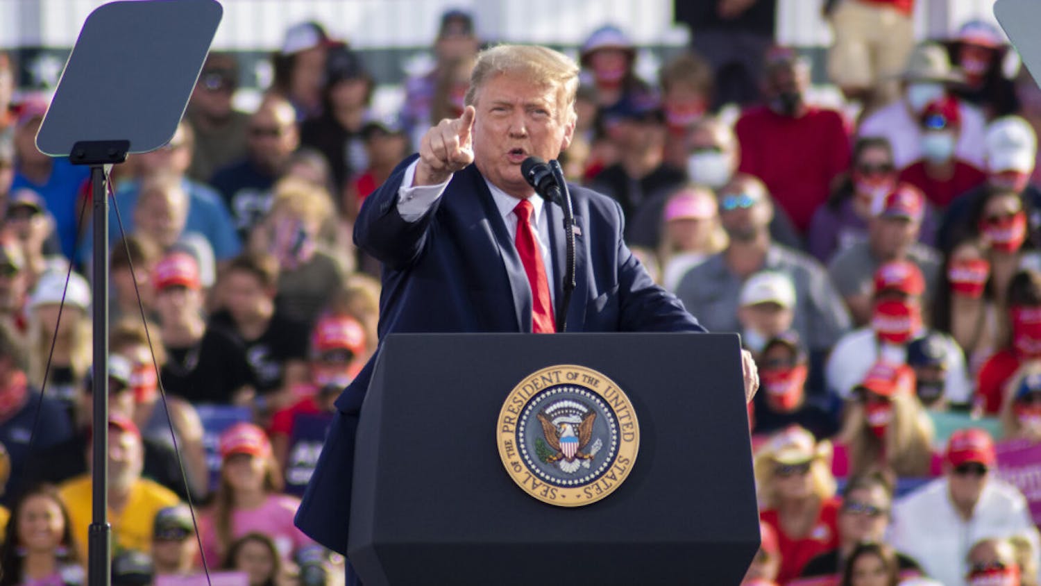 President Donald Trump is seen pointing his finger at the crowd during his campaing rally at the Ocala International Airport on Oct. 16, 2020. (Zachariah Chou/Alligator Staff)