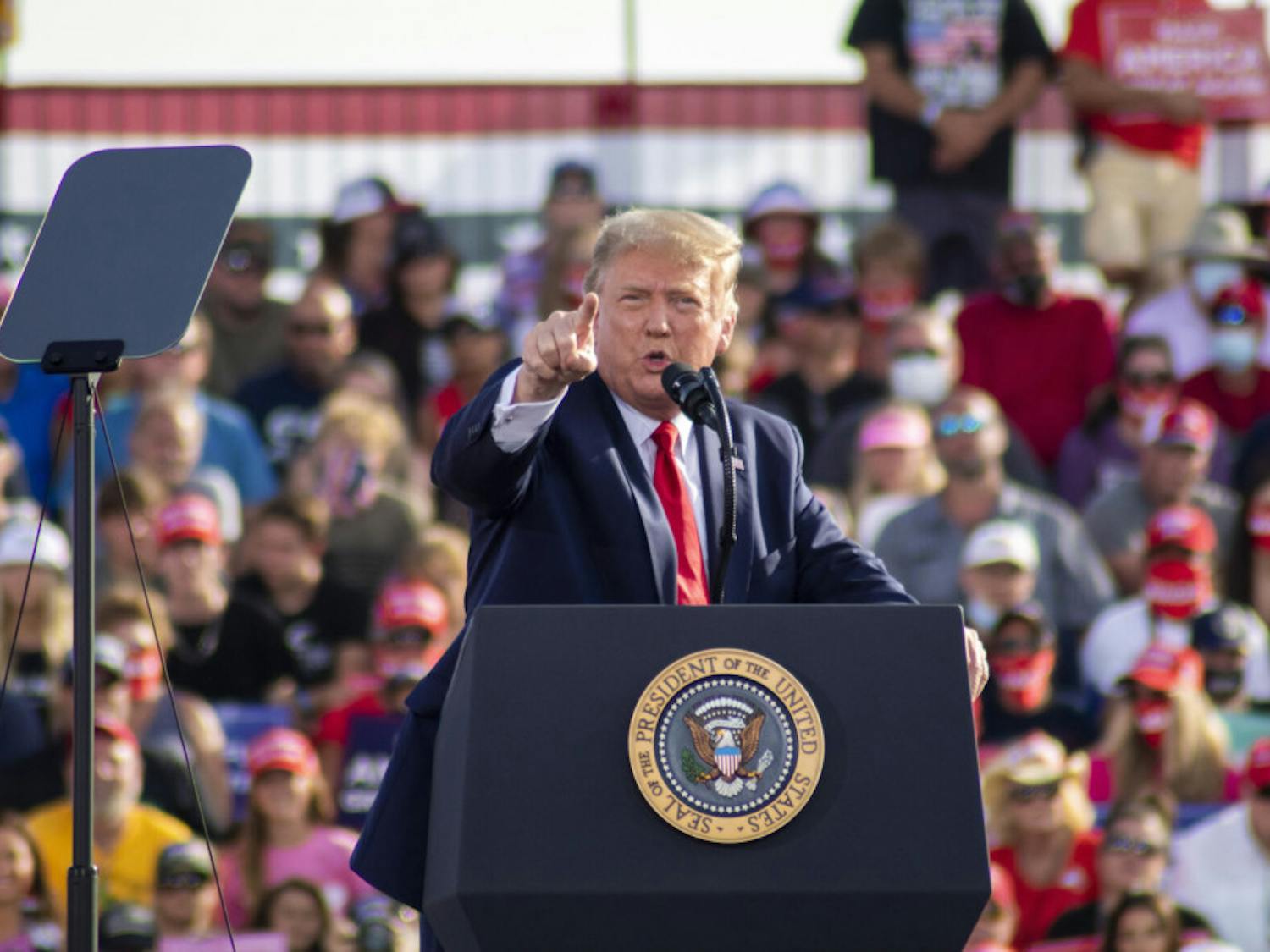 President Donald Trump is seen pointing his finger at the crowd during his campaing rally at the Ocala International Airport on Oct. 16, 2020. (Zachariah Chou/Alligator Staff)
