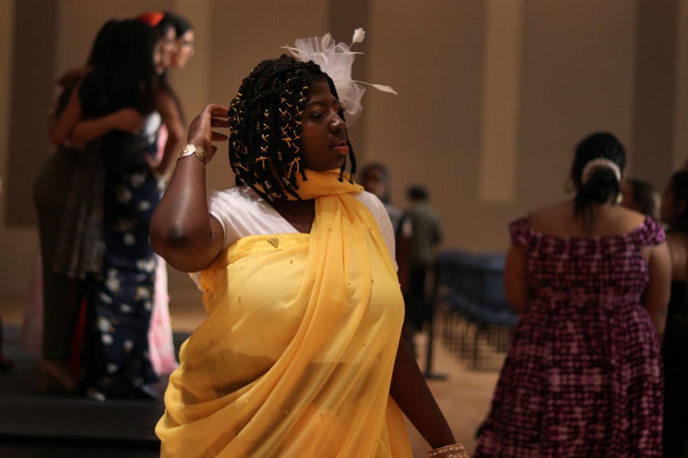 Budelynn Noel, 22, strikes a pose at Asha Florida’s Indo Western Fashion Show Friday night at the Reitz Union Rion Ballroom.