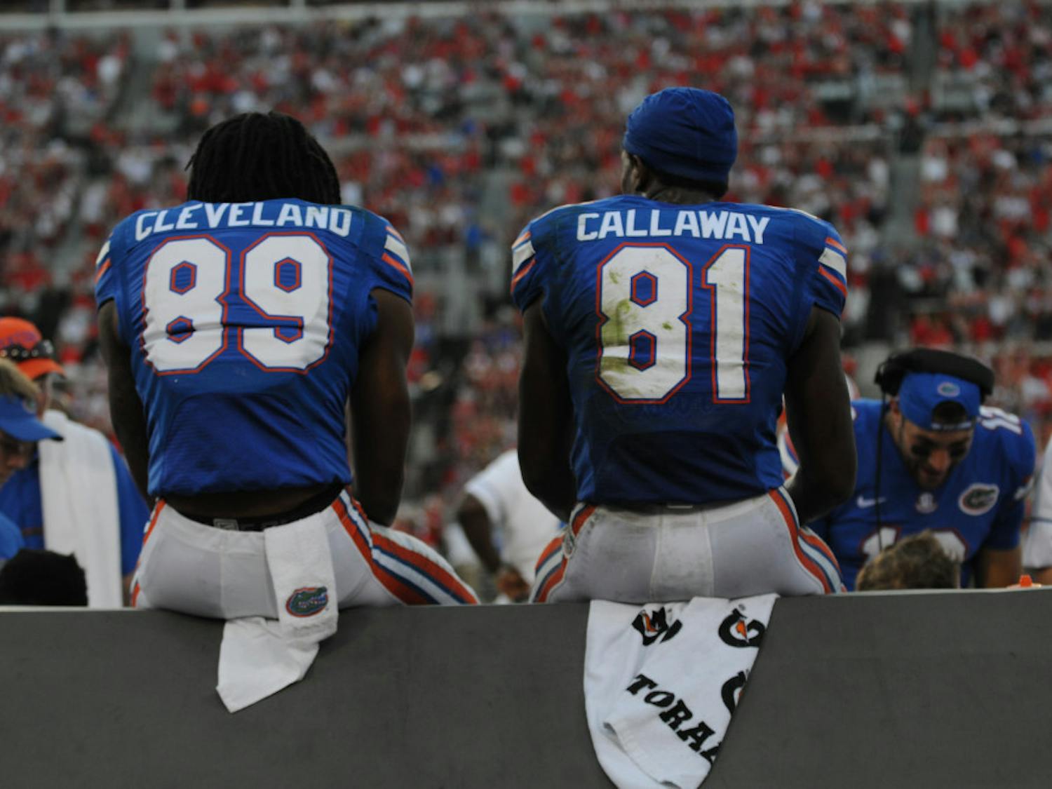 Antonio Callaway and Tyrie Cleveland sit on the sidelines during Florida's 24-10 win against Georgia on Oct. 29, 2016, at EverBank Field. Huntley Johnson has represented both players in past criminal cases.