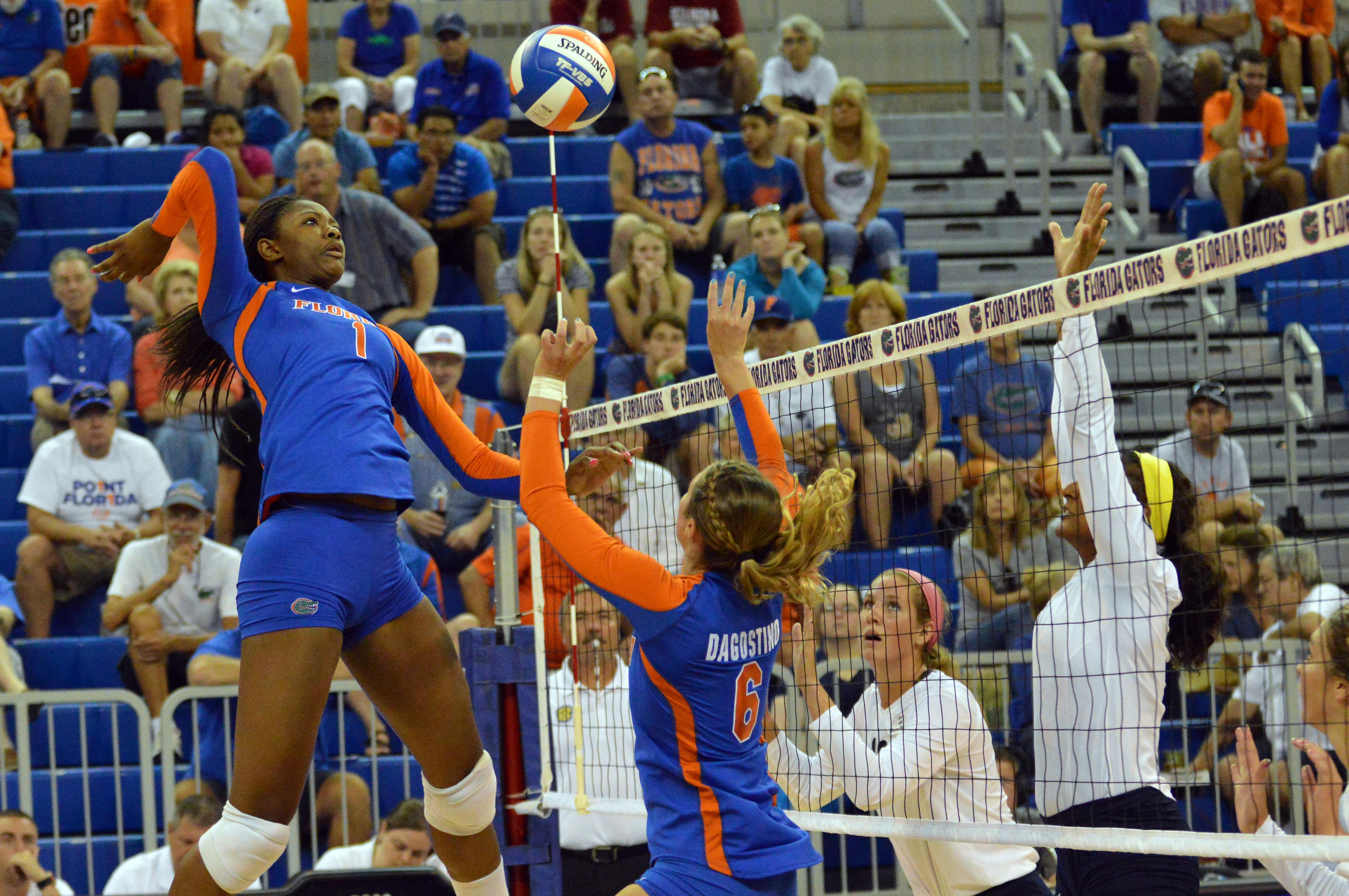 Freshman middle blocker Rhamat Alhassan swings for a kill during Florida's 3-0 win against Georgia Southern on Aug. 29 in the O'Connell Center.