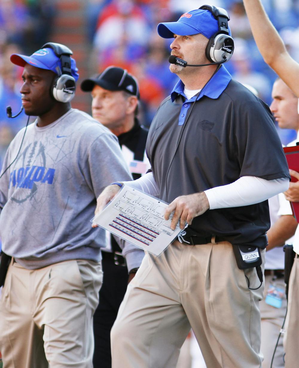 <p><span>Former UF defensive coordinator Dan Quinn calls a play during Florida’s 27-20 victory against Louisiana on Nov. 10 at Ben Hill Griffin Stadium. </span></p>
<div><span><br /></span></div>