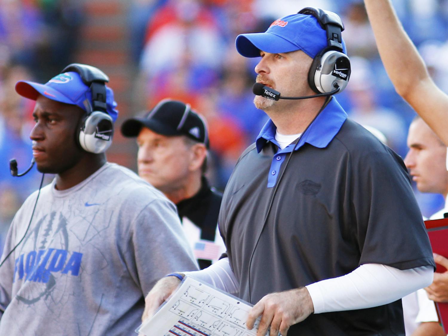 Former UF defensive coordinator Dan Quinn calls a play during Florida’s 27-20 victory against Louisiana on Nov. 10 at Ben Hill Griffin Stadium.