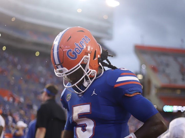 Florida quarterback Emory Jones walks off the field following Florida's 31-29 loss to Alabama on Sept. 18, 2021.