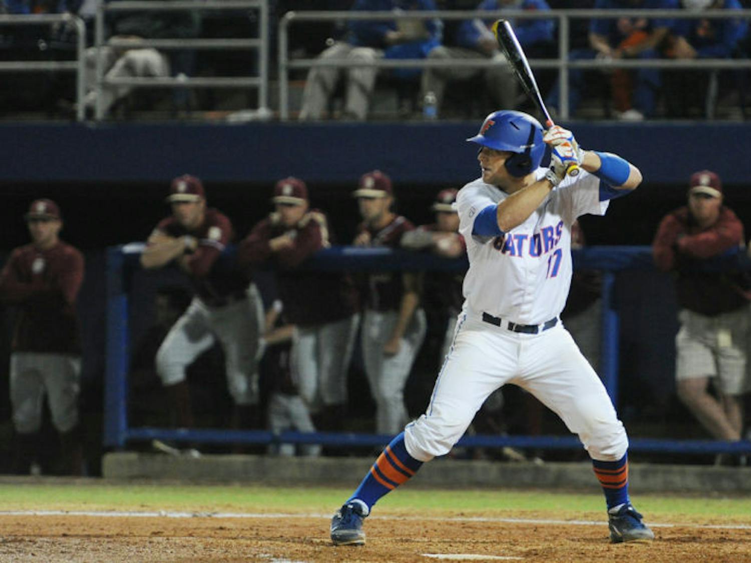 Taylor Gushue bats during Florida’s 3-1 win against Florida State on March 18 at McKethan Stadium. Gushue hit a single to start a four-run rally in the eighth inning of UF’s 6-5 win against USC on Sunday.