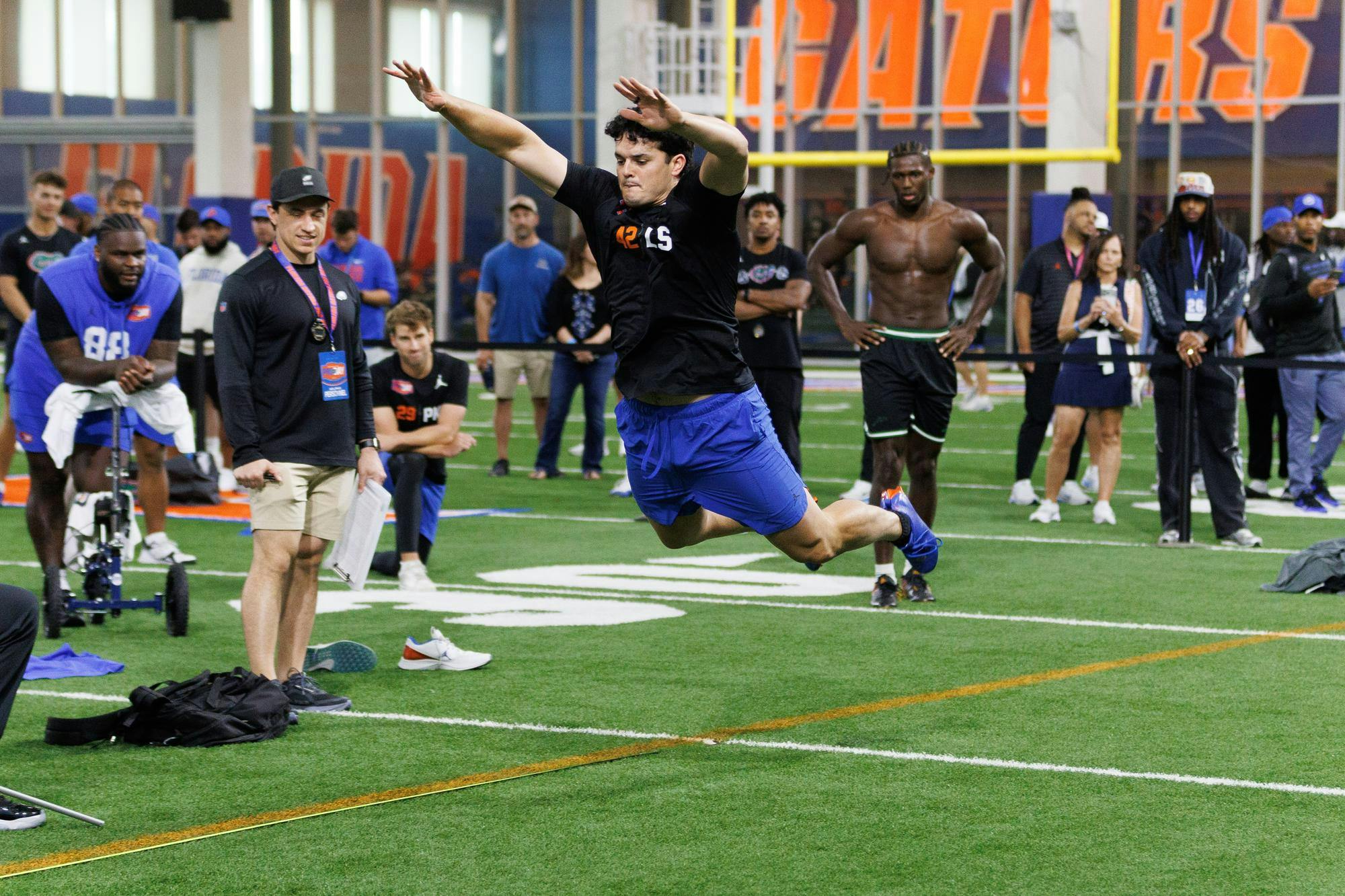 Florida long snapper Rocco Underwood participates in the broad jump during Pro Day at the Heavener Football Training Center in Gainesville, Fla., Thursday, March 26, 2026.
