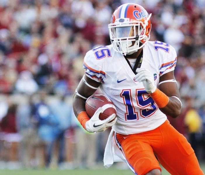 Sophomore Loucheiz Purifoy carries the ball down the field during&nbsp;Florida’s 37-26 win against Florida State on Nov. 24 at Doak Campbell&nbsp;Stadium in Tallahassee.