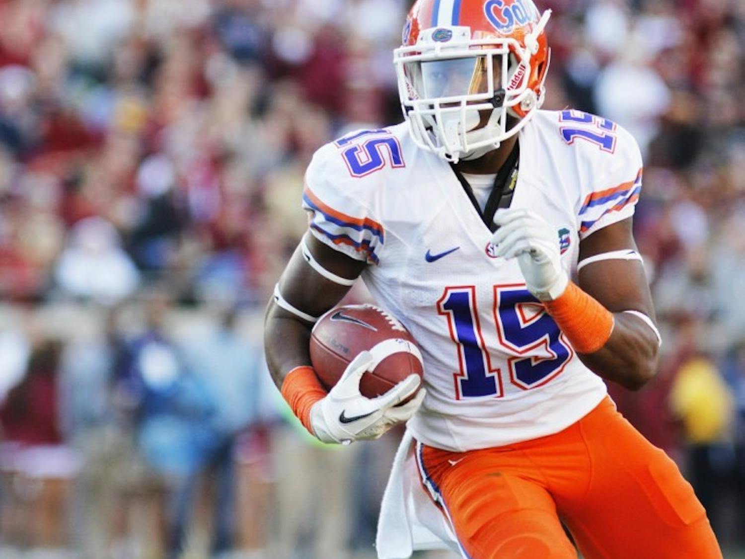 Sophomore Loucheiz Purifoy carries the ball down the field during Florida’s 37-26 win against Florida State on Nov. 24 at Doak Campbell Stadium in Tallahassee.