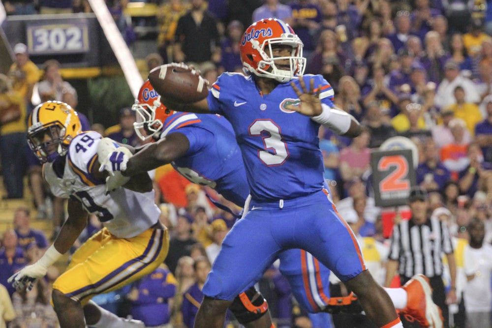 UF quarterback Treon Harris prepares to pass during Florida's 35-28 loss to LSU on Oct. 17, 2015, at Tiger Stadium in Baton Rouge, Louisiana.