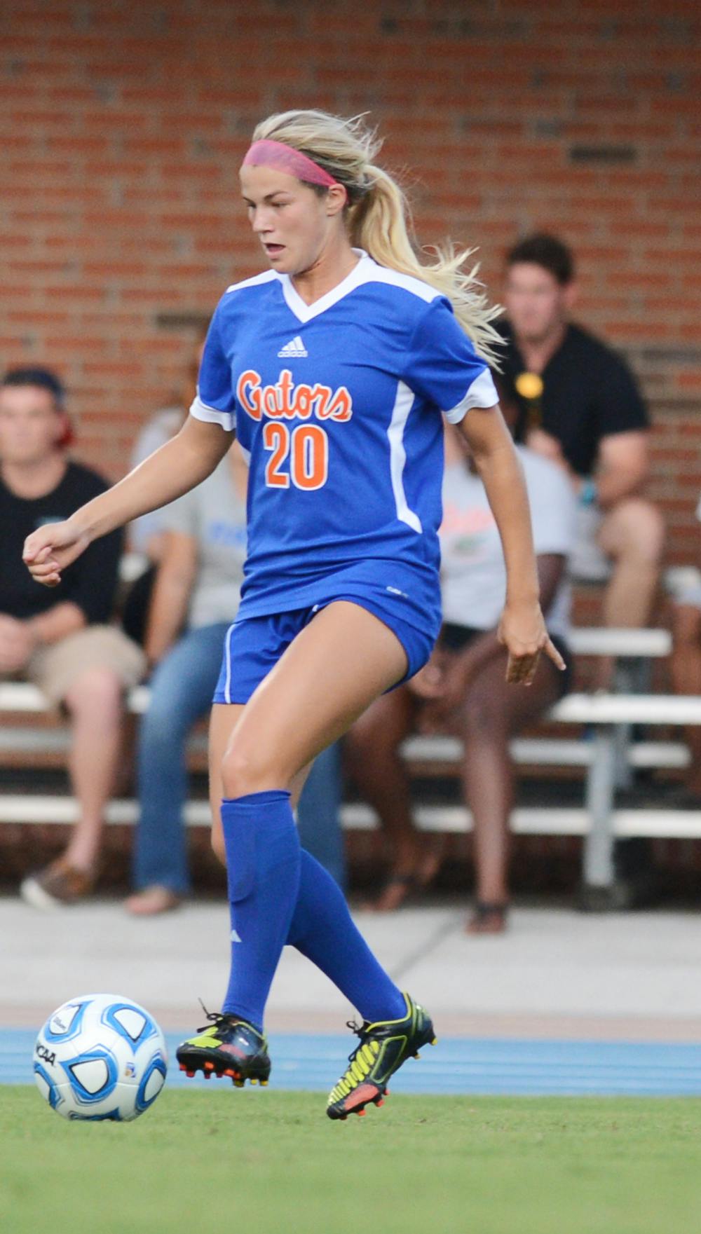 <p>Freshman midfielder Christen Westphal pushes the ball against the defense of Florida International University in a 3-0 victory on Sept. 2, 2012.</p>