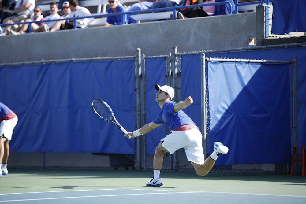 <p>UF's Elliott Orkin hits a forehand during Florida's 4-2 win against UCLA on Feb. 5, 2017, at the Ring Tennis Complex.</p>