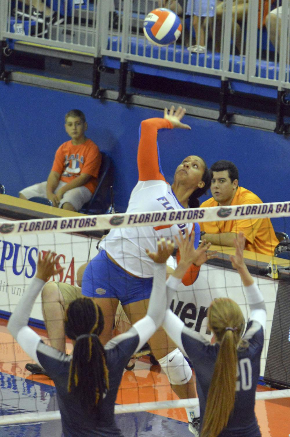 <p>Gabby Mallette swings for a kill attempt during Florida's 3-0 win against Ole Miss on Sept. 28.</p>