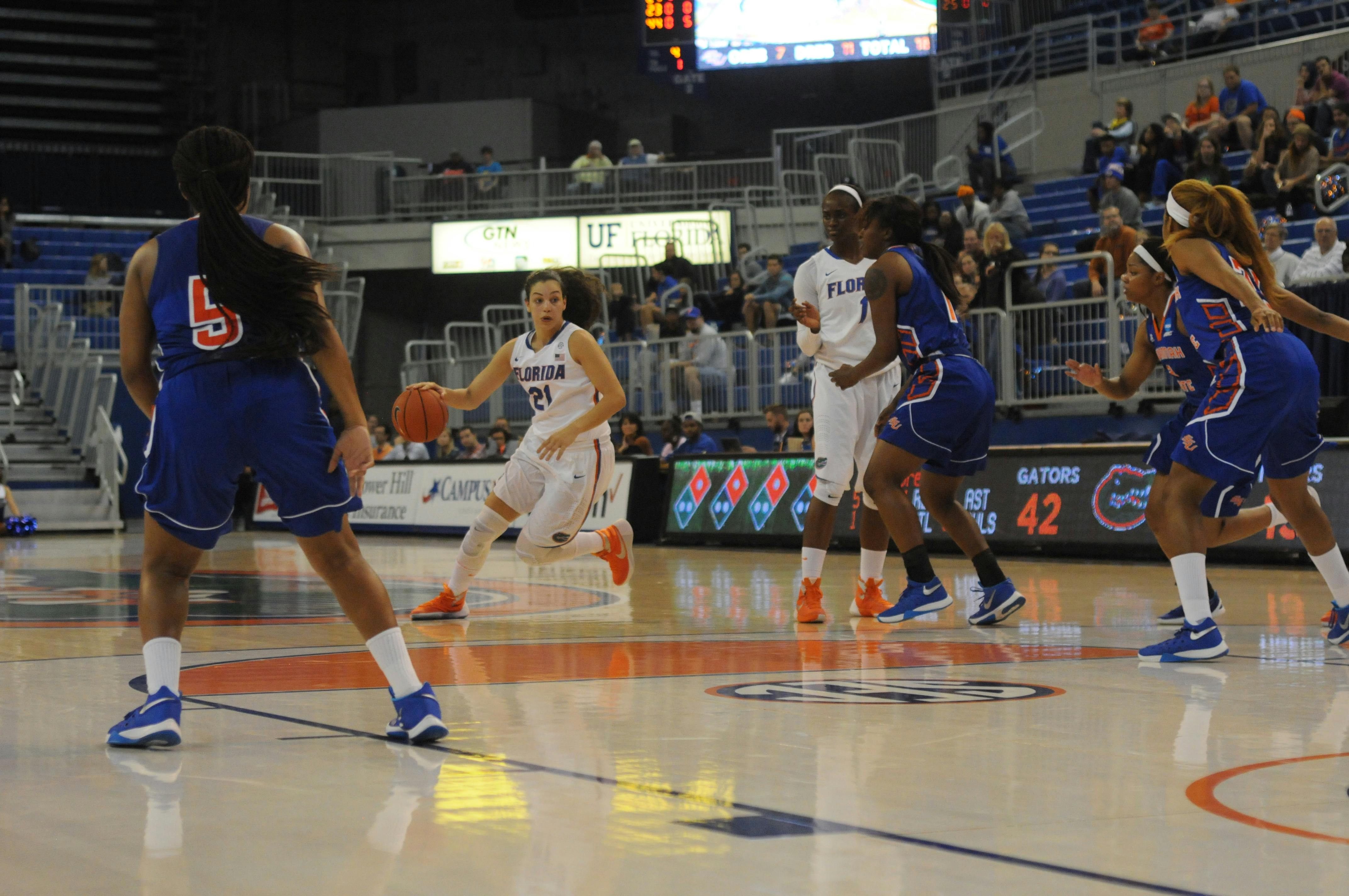 UF guard Eleanna Christinaki drives into the paint during Florida's 99-34 win against Savannah State on Nov. 24, 2015, in the O'Connell Center.