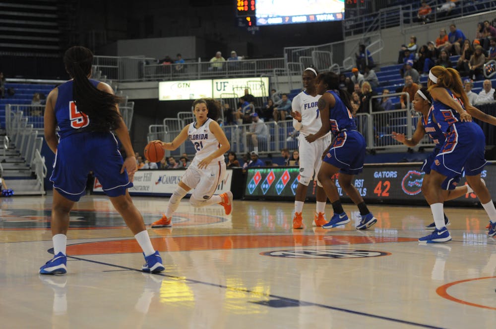 <p><span>UF guard Eleanna Christinaki drives into the paint during Florida's 99-34 win against Savannah State on Nov. 24, 2015, in the O'Connell Center.</span></p>