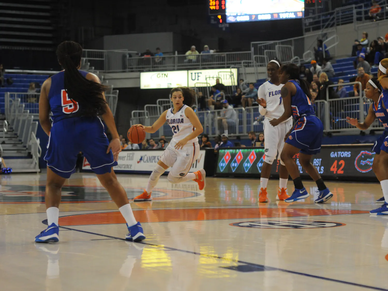 UF guard Eleanna Christinaki drives into the paint during Florida's 99-34 win against Savannah State on Nov. 24, 2015, in the O'Connell Center.