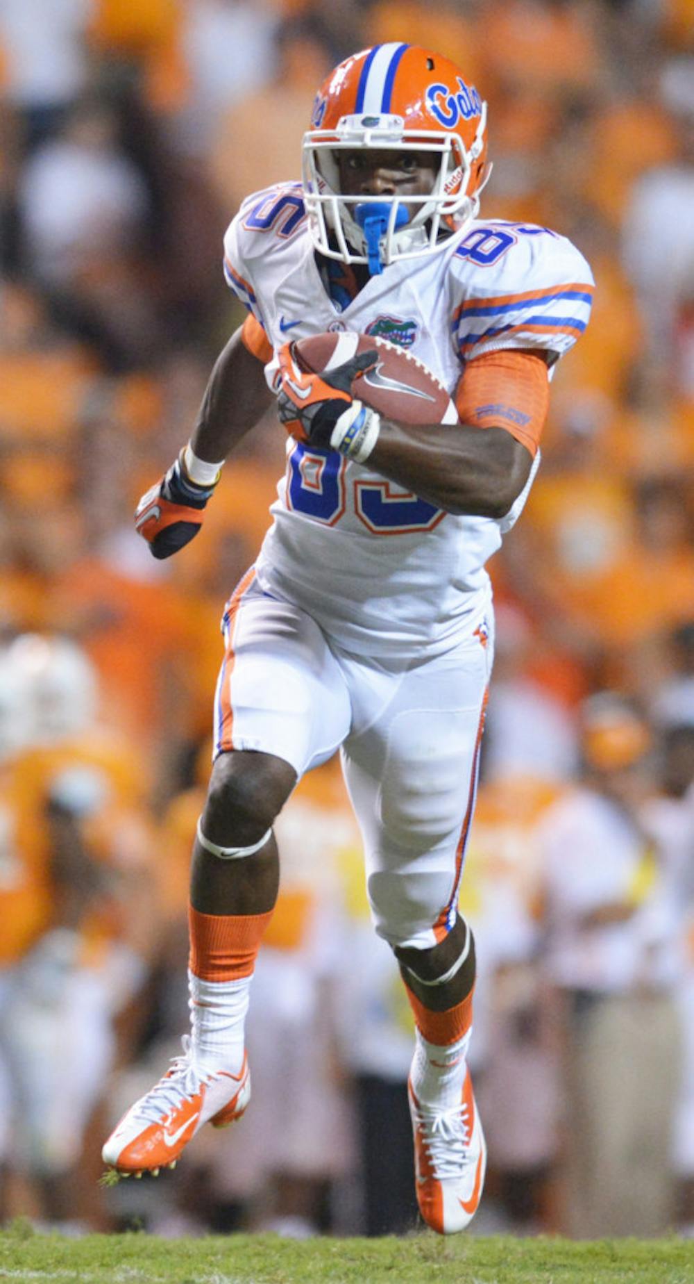 <p>Receiver Frankie Hammond Jr. (85) tries for more yards after a catch at Neyland Stadium on Saturday against the Tennessee Volunteers.</p>