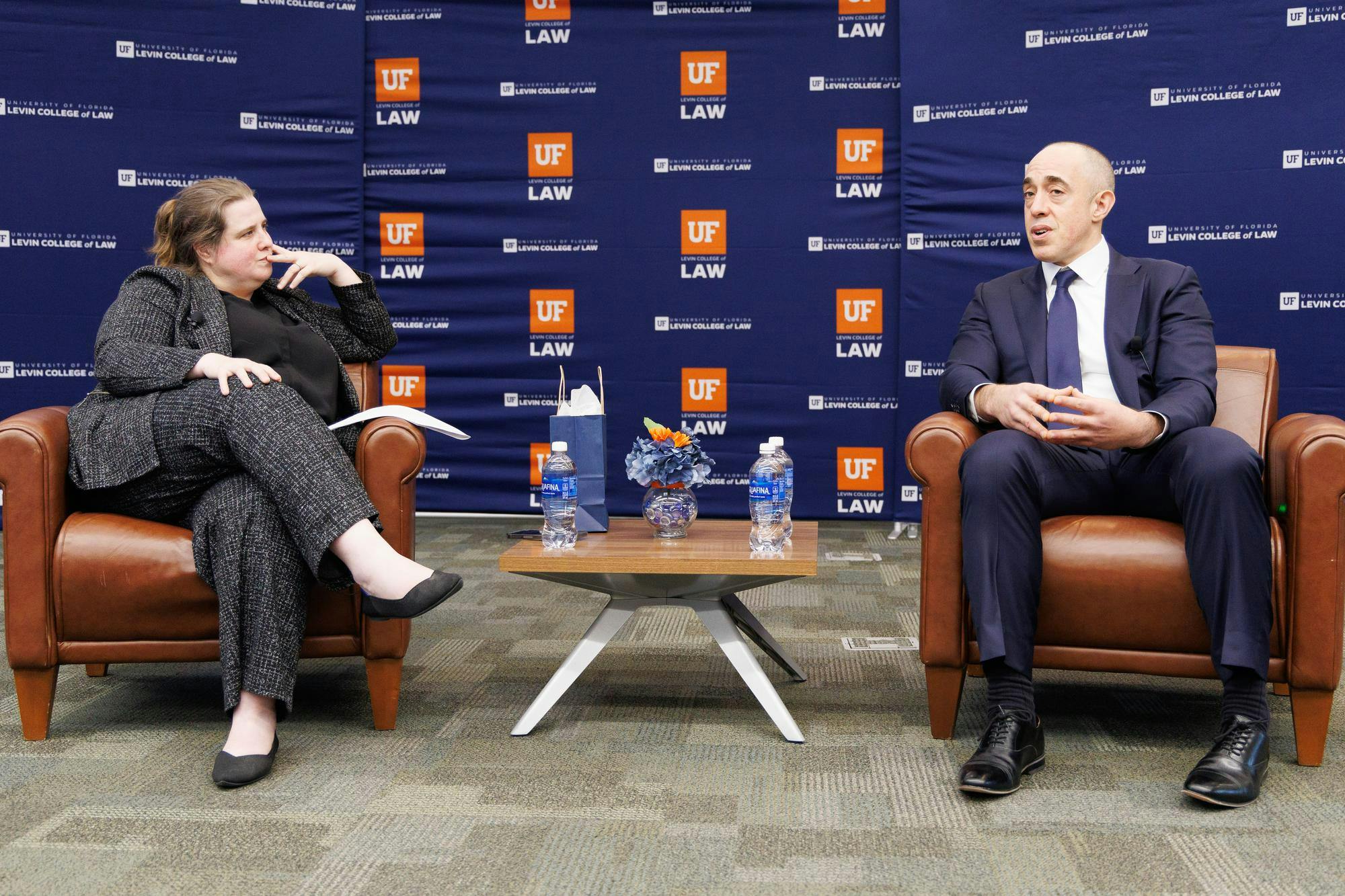 Interim Dean of the Levin College of Law Merritt McAlister speaks with U.S. Circuit Judge Emil Bove at the Martin H. Levin Advocacy Center at the Unveirsity of Florida, Monday, Feb. 9, 2026.