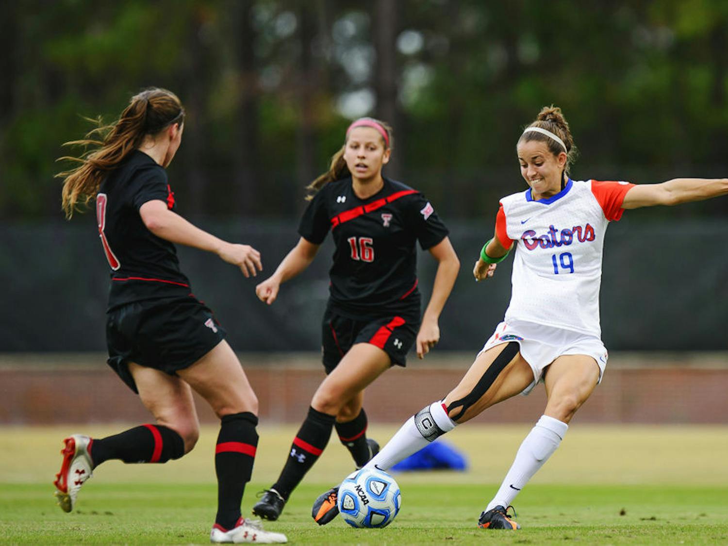 Havana Solaun kicks the ball during Florida's 3-2 win against Texas Tech at Donald R. Dizney Stadium.