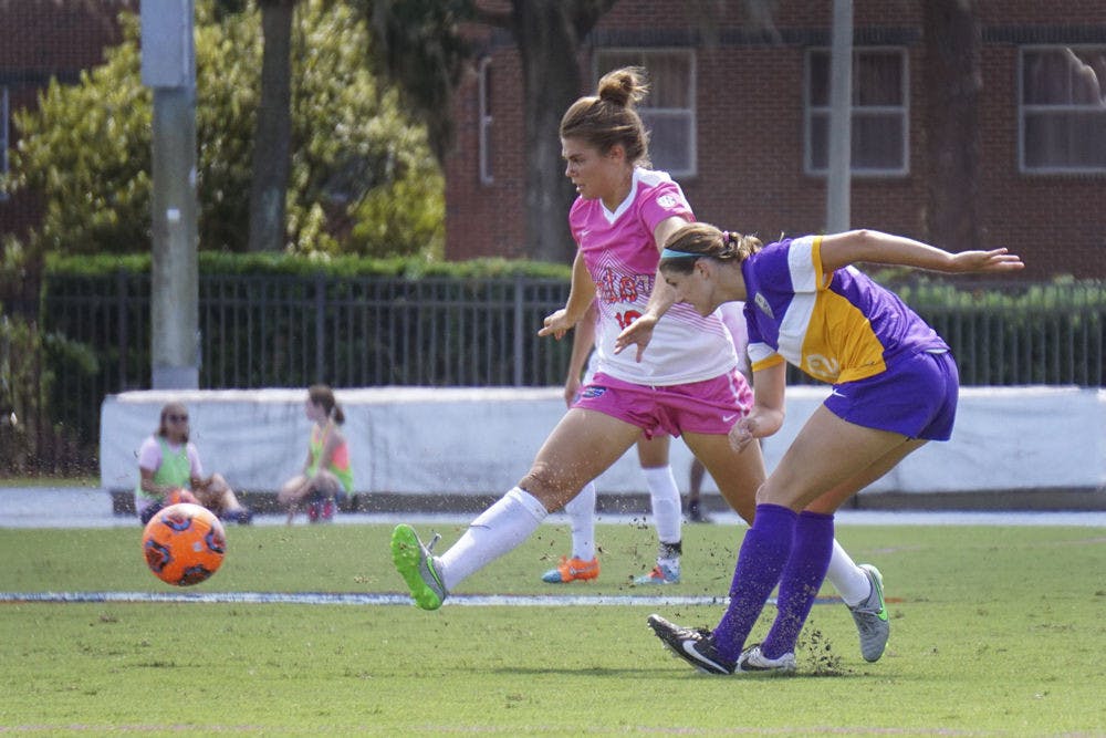 <p>UF midfielder Liz Slattery takes a shot during Florida's 2-1 win against LSU on Oct. 11, 2015, at James G. Pressly Stadium.</p>