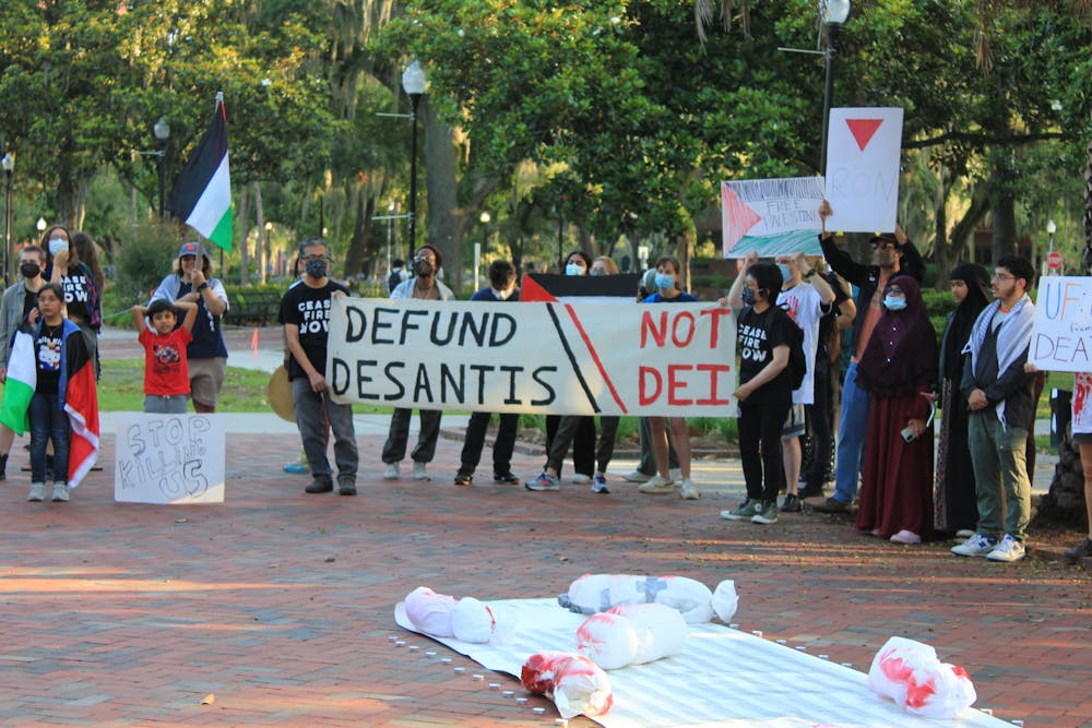 <p>Protesters gather at the Plaza of the Americas in commemoration of the 76th anniversary of the Nakba on Wednesday, May 15, 2024.</p>