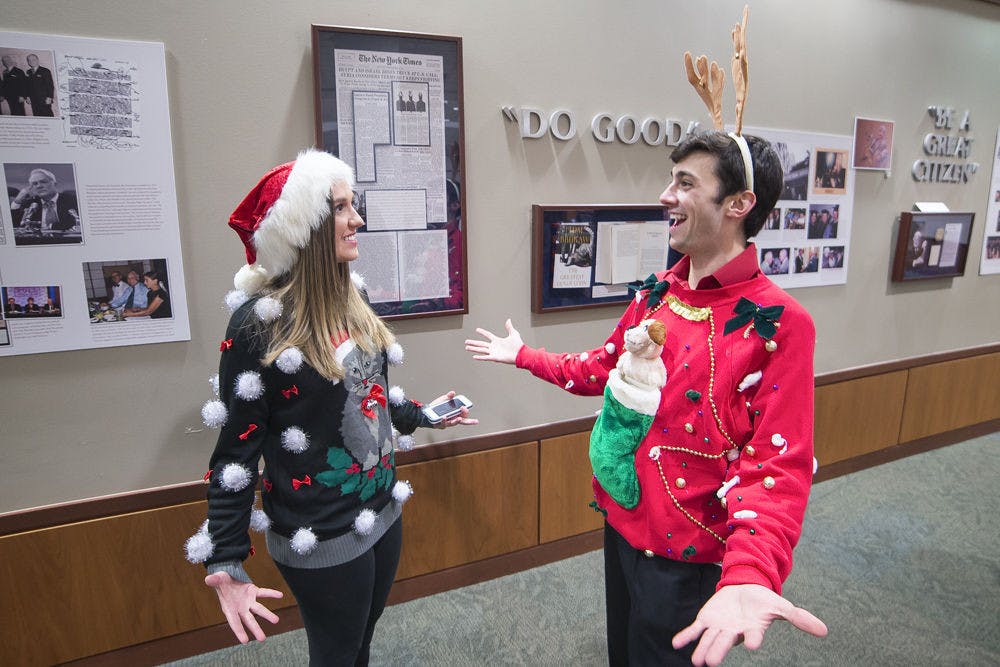District A Sen. Kylie Werk, a 19-year-old UF criminology sophomore, greets Murphree Sen. Austin Champoux, a 20-year-old UF marketing sophomore, prior to Tuesday’s Student Senate meeting.