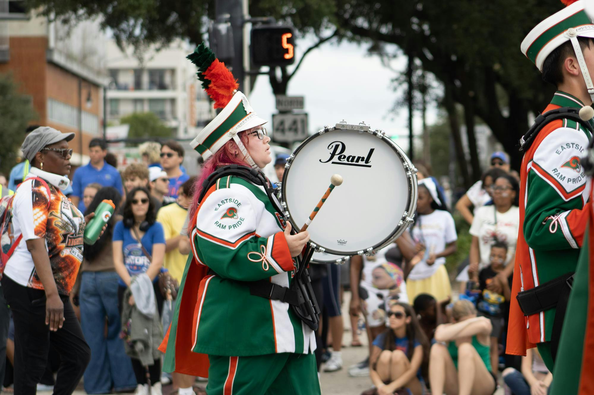 The Eastside High School Ram Band marches in the UF Homecoming Parade, Friday, Oct. 9, 2026, in Gainesville, Fla.