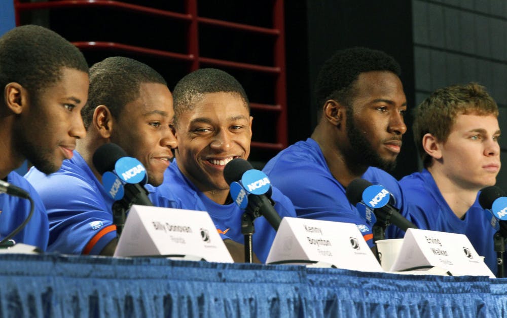 <p>Florida's Kenny Boynton, from left, Erving Walker, Bradley Beal, Patric Young and Erik Murphy answer questions during a news conference Friday, March 23, 2012, in Phoenix.  (AP Photo/Matt York)</p>