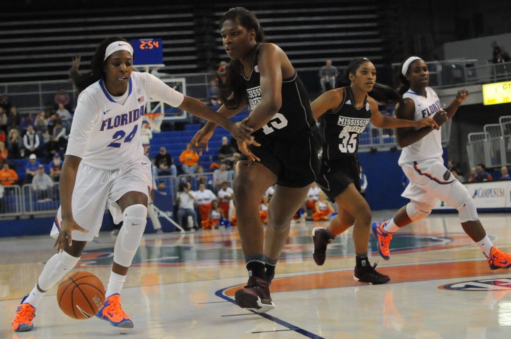 <p>UF’s Tyshara Fleming (24) drives into the paint during Florida’s 76-70 loss to Mississippi State on Jan. 3, 2016.</p>