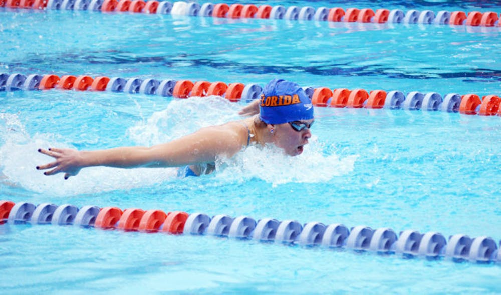<p>Elizabeth Beisel competes in the 200-yard butterfly during Florida’s match against Auburn on Jan. 25 in the O’Connell Center. Beisel is aiming for a three-event sweep at the Southeastern Conference Championships starting today.</p>