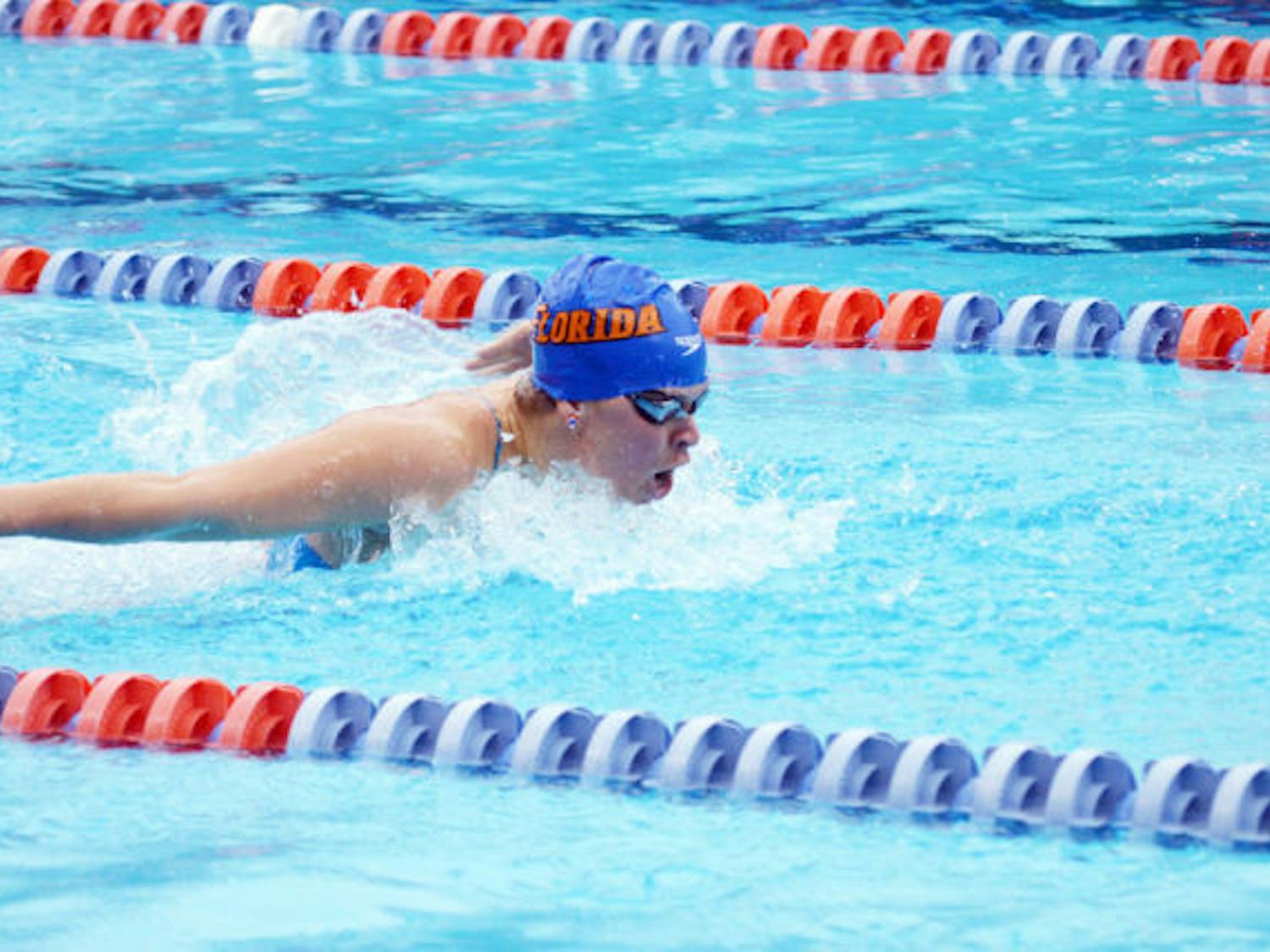 Elizabeth Beisel competes in the 200-yard butterfly during Florida’s match against Auburn on Jan. 25 in the O’Connell Center. Beisel is aiming for a three-event sweep at the Southeastern Conference Championships starting today.