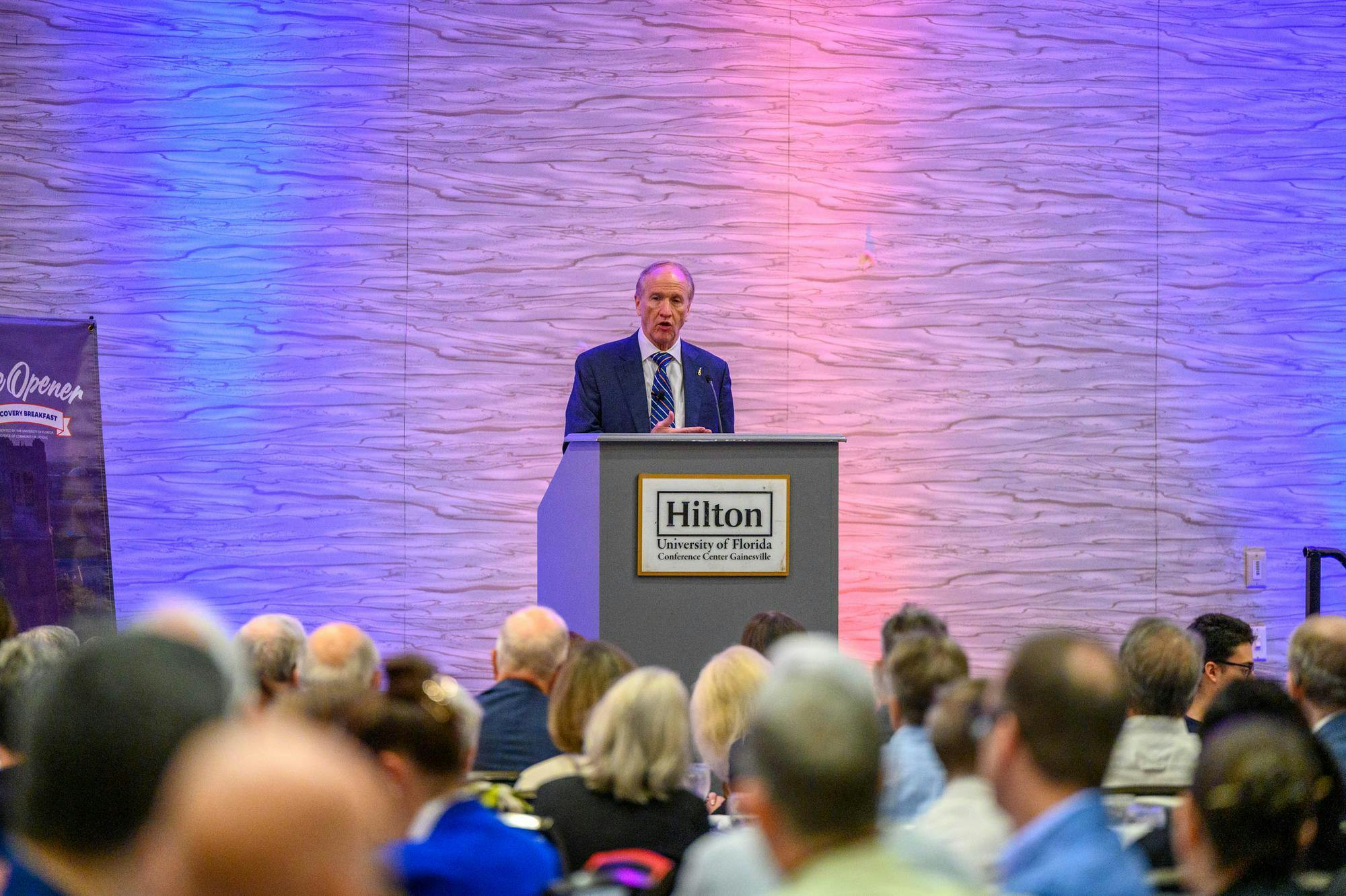 President Dr. Stuart Bell speaks to a crowd at the UF Hilton Conference Center, Thursday, Sept. 24, 2026, in Gainesville, Fla.