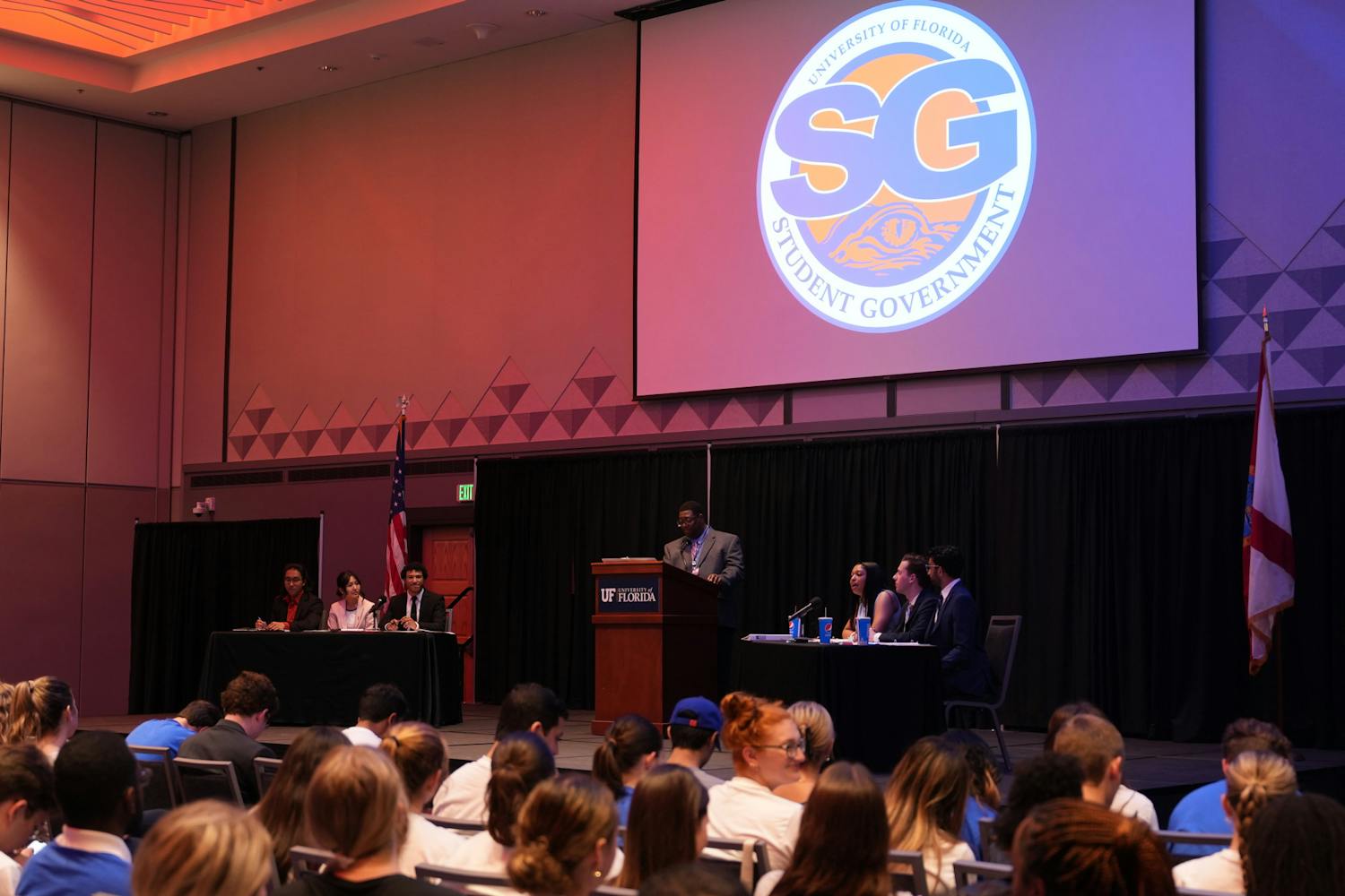 UF students gathered at the Reitz Grand Ballroom Feb. 12 to watch Change Party's and Vision Party's Spring 2024 executive ticket candidates debate in preparation for the upcoming Student Government election.&nbsp;