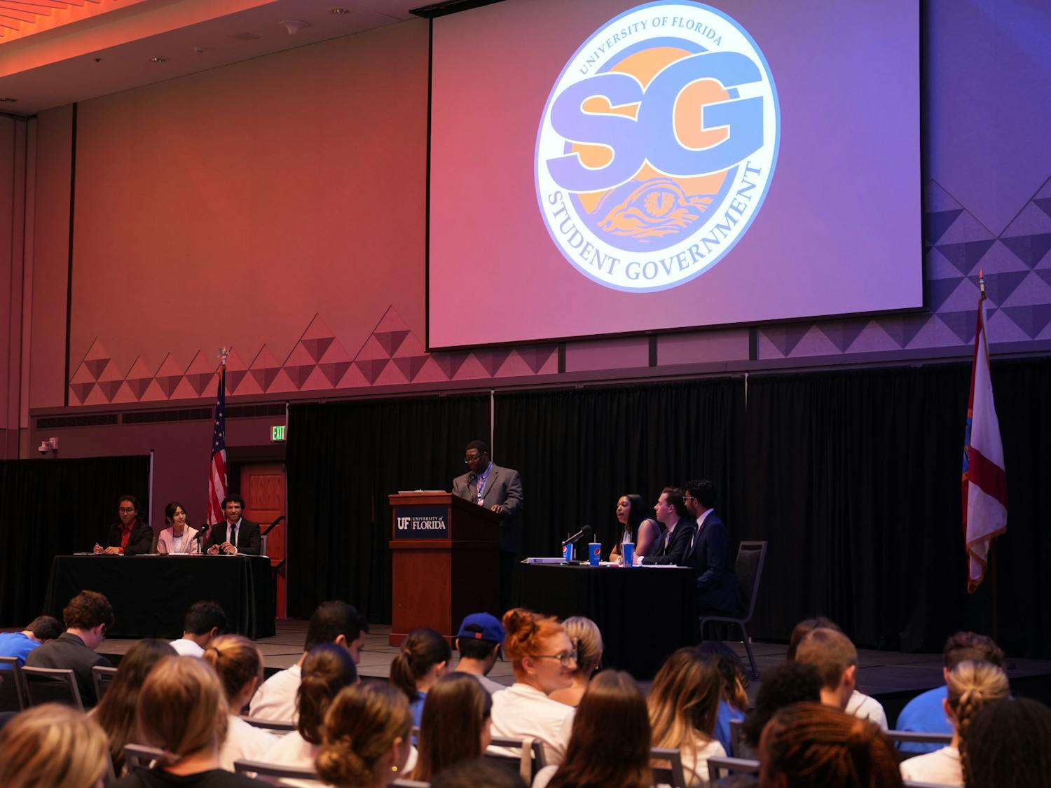 UF students gathered at the Reitz Grand Ballroom Feb. 12 to watch Change Party's and Vision Party's Spring 2024 executive ticket candidates debate in preparation for the upcoming Student Government election.&nbsp;