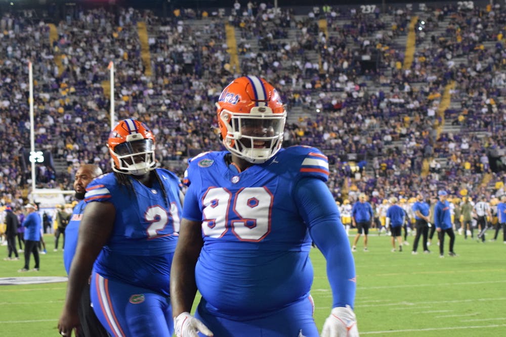 Junior defensive lineman Cam Jackson warms up before the Gators' 52-35 loss to the LSU Tigers in Baton Rouge, Louisiana, on Saturday, Nov. 11, 2023.