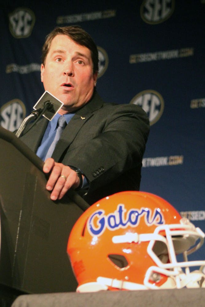 UF coach Will Muschamp speaks during the Southeastern Conference Media Days in Hoover, Ala., on July 14.