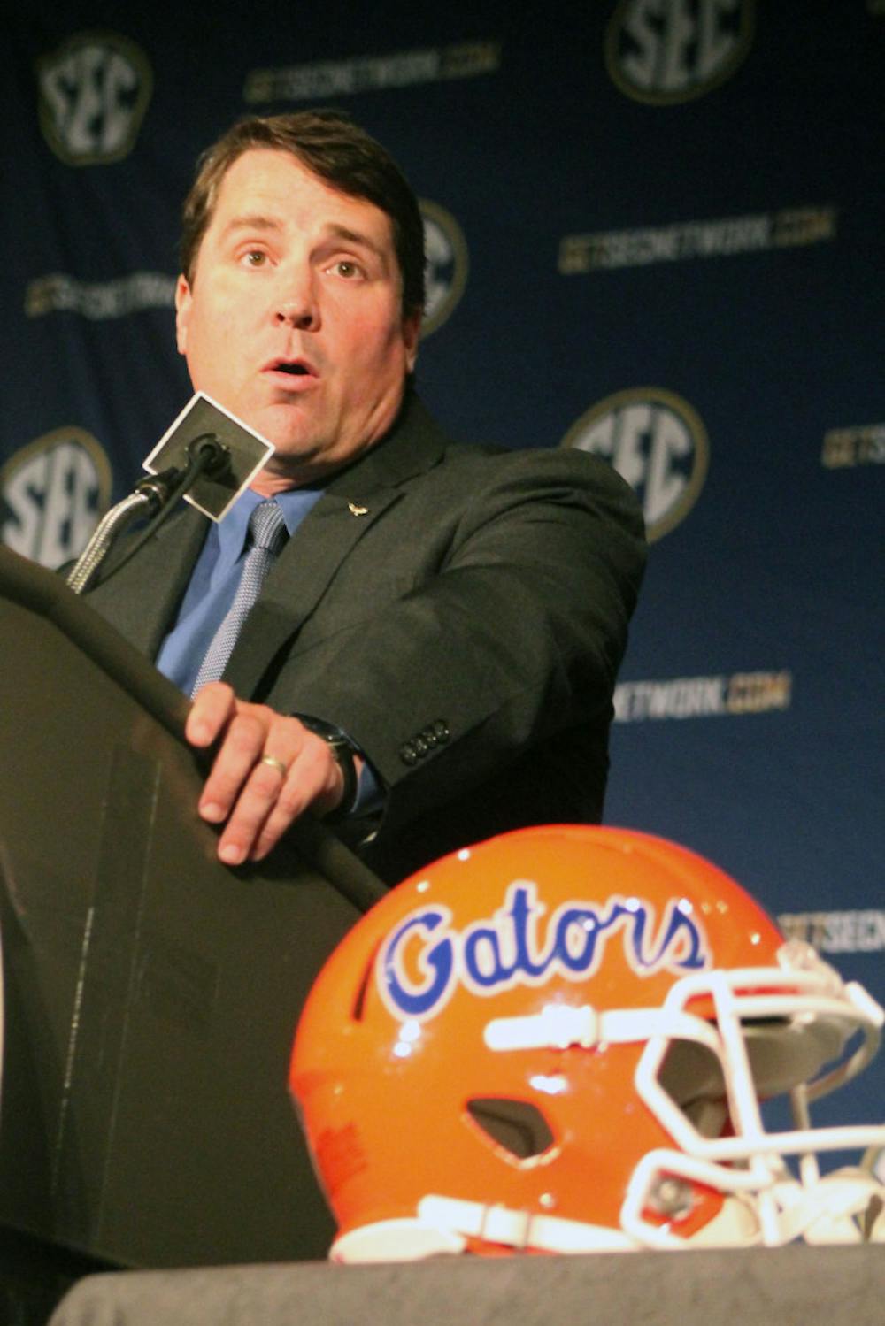 <p>UF coach Will Muschamp speaks during the Southeastern Conference Media Days in Hoover, Ala., on July 14.</p>
