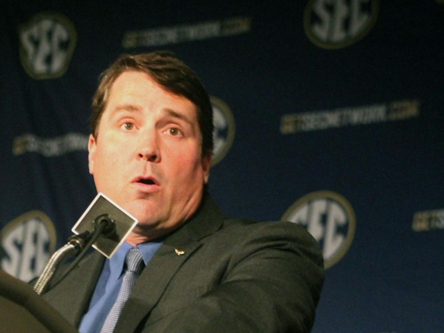 UF coach Will Muschamp speaks during the Southeastern Conference Media Days in Hoover, Ala., on July 14.