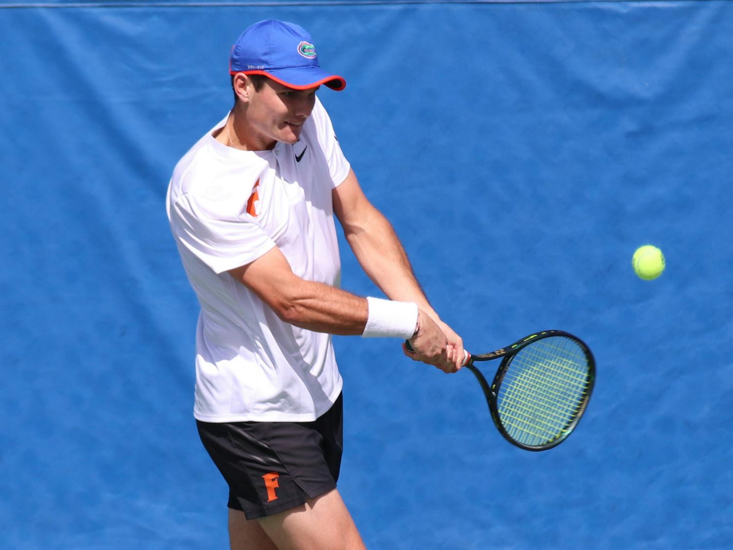 Although he missed the doubles competition, Sam Riffice warmed up for his singles bout and refused to give up a single game. Photo from UF-Auburn match Feb. 21.