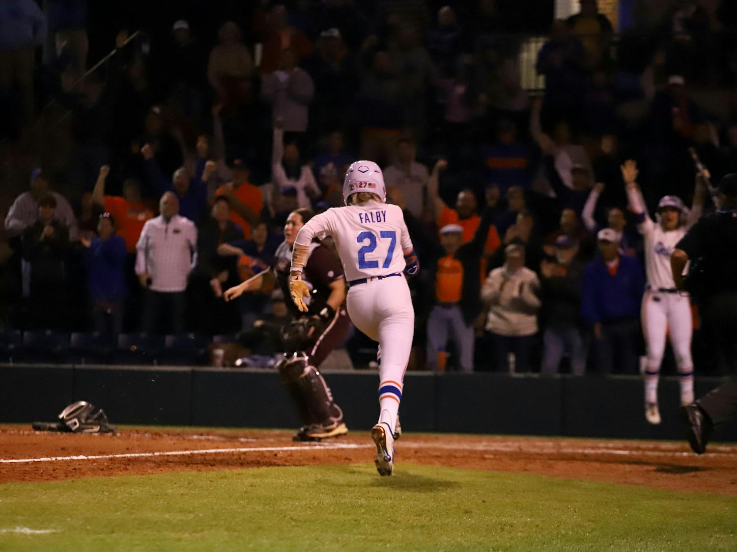 Florida freshman Kendra Falby crosses the plate during a matchup with Mississippi State, March 14. Florida fell to FSU by a score of 2-1 Tuesday.