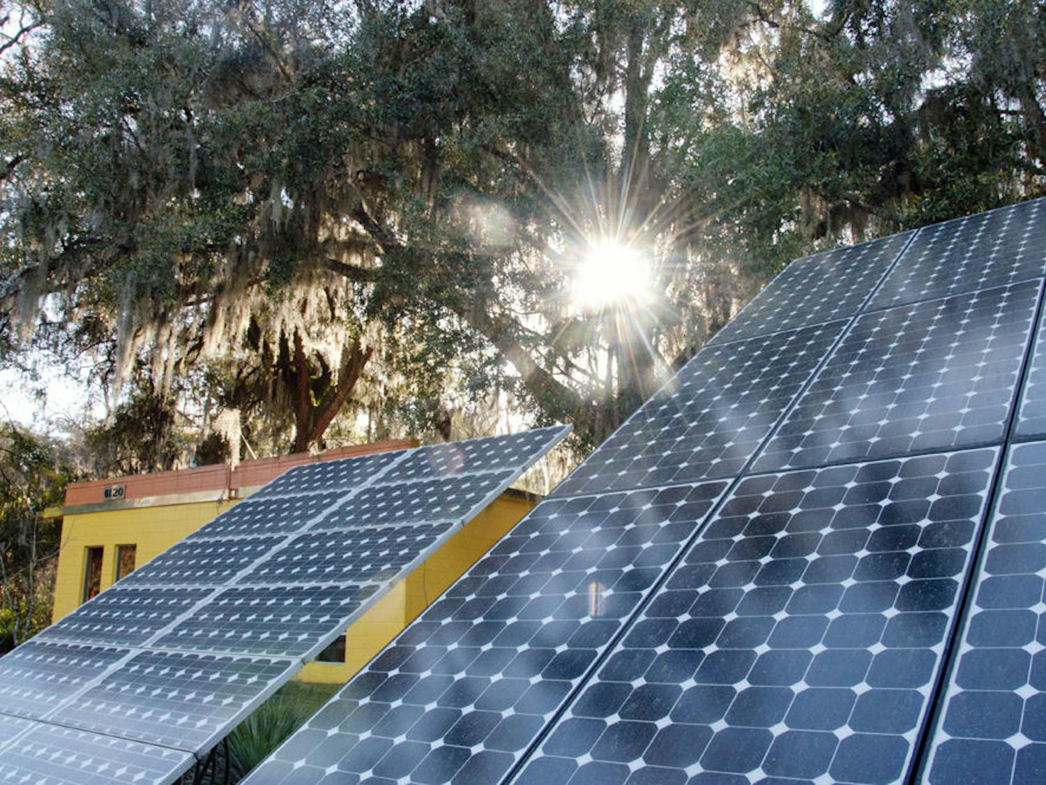 Pictured are solar panels outside ECS Solar Energy Systems Inc., the first licensed solar contractor in Florida, in February. The price of solar energy technology has dropped by 50 to 60 percent the past three years, according to Wendell Porter, lecturer and advisor in Agricultural and Biological Engineering at UF.